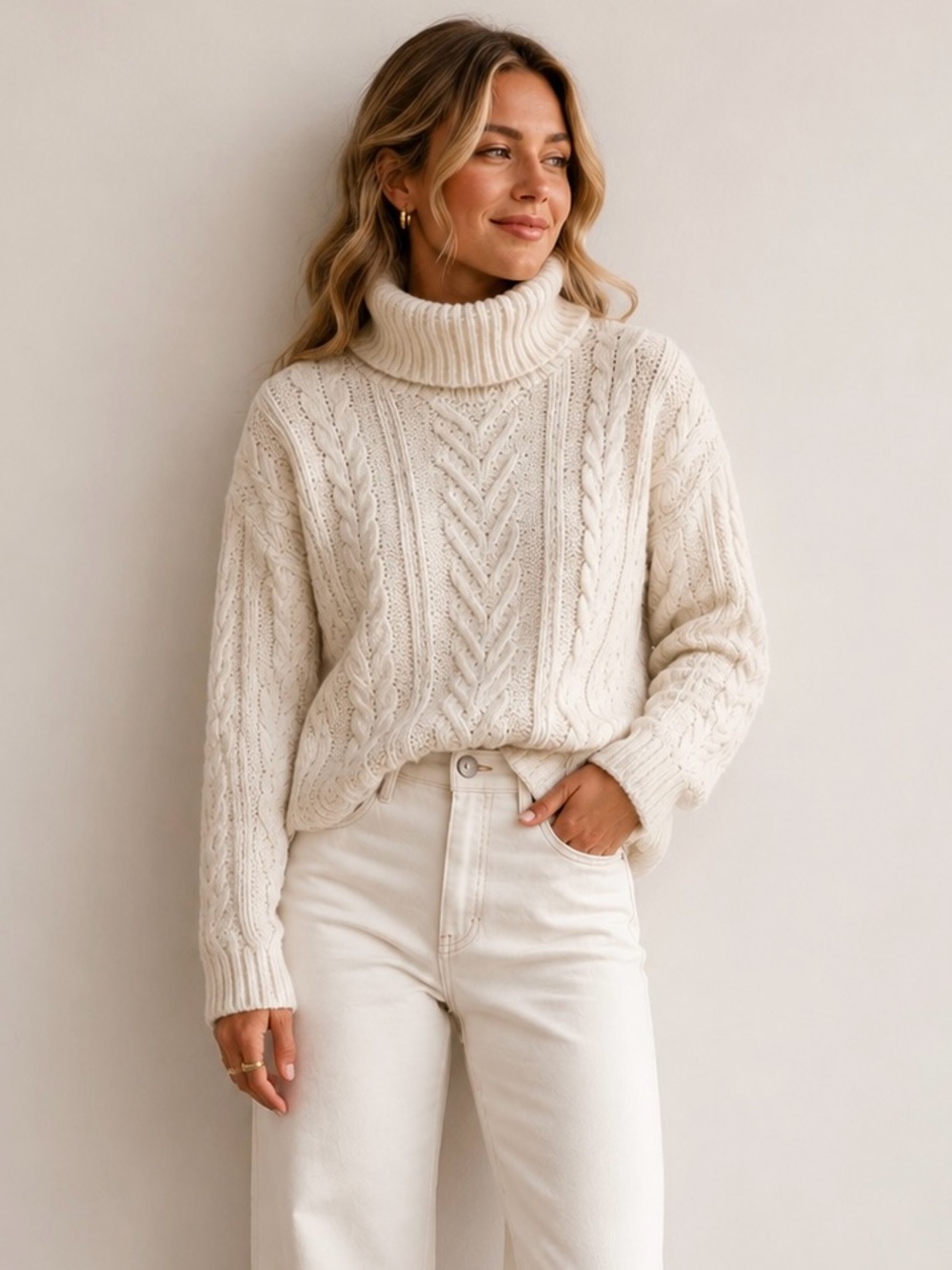 INDUSTRY Off White Cable Knit Turtleneck Sweater Really Soft Loose Fit